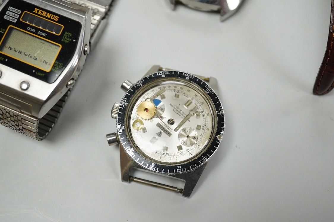 A collection of mostly gentleman’s wristwatches to include a stainless steel Tressa automatic calendar wristwatch, another Tressa wristwatch, Xernus quartz Digital display wristwatch, Timex quartz with digital display et